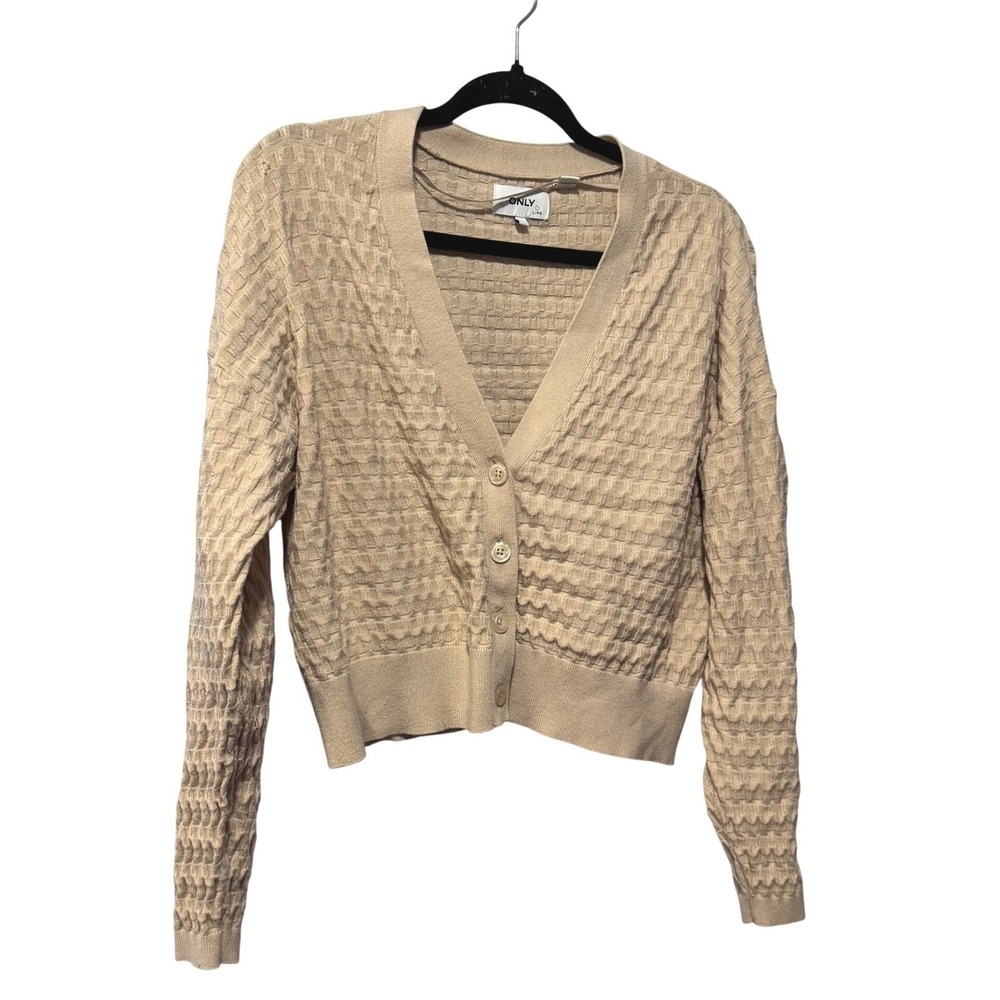 ONLY‎ Life Beige Textured Waffle Knit V-Neck Button Front Cropped Cardigan Large